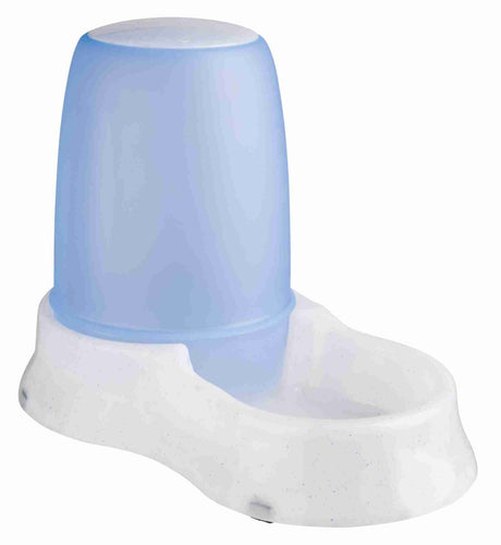 Ein blauer Wasserbehälter mit weißer Schale darunter, geeignet zur automatischen Flüssigkeitsabgabe.