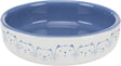 Weiße Schale mit blauem Rand und Katzenzeichnungen außen, blaue Innenfläche, glänzende Oberfläche.