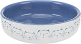 Weiße Schale mit blauem Rand und Katzenzeichnungen außen, blaue Innenfläche, glänzende Oberfläche.