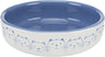 Weiße Schale mit blauem Rand und Katzenzeichnungen außen, blaue Innenfläche, glänzende Oberfläche.