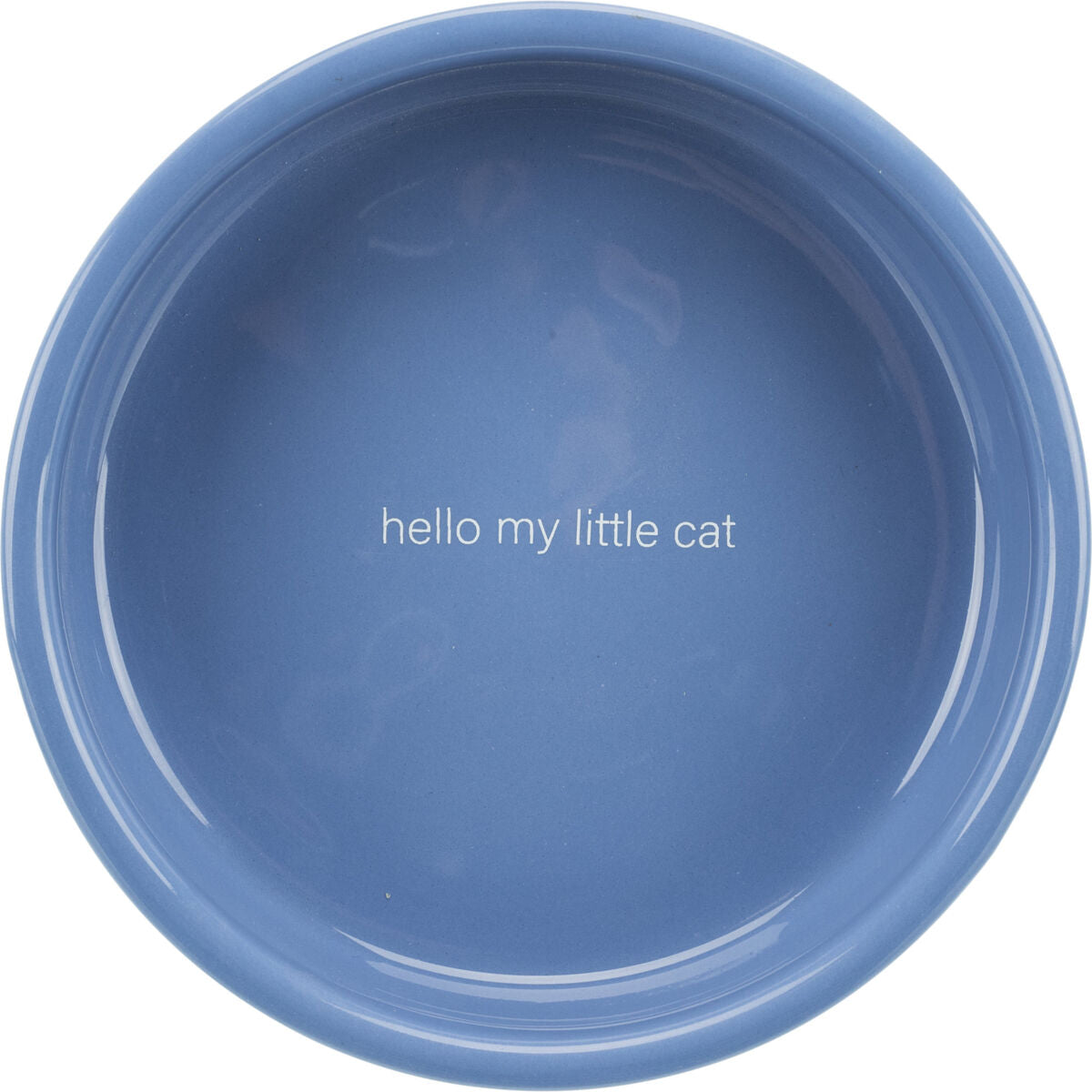 Runde, blaue Schale mit dem weißen Text "hello my little cat" in der Mitte.