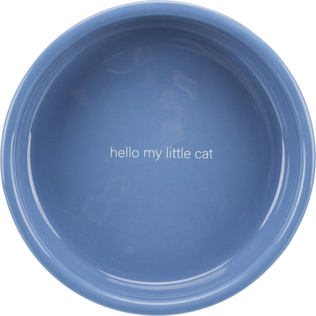 Runde, blaue Schale mit dem weißen Text "hello my little cat" in der Mitte.