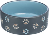 Runde, blaue Futterschale mit grauem Rand, verziert mit Pfotenabdrücken in Blau und Beige.