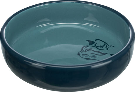 Blaue Schüssel mit Katzenmotiv innen, runde Form, glatte Oberfläche, geeignet für Haustiere.