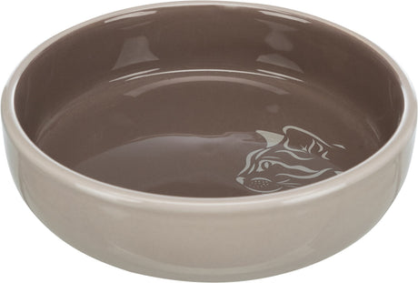 Braune, runde Schale mit einem Katzenmotiv auf dem Boden, glänzende Oberfläche.