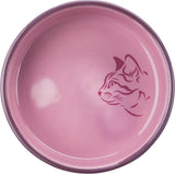 Runde, rosa Katzenschale mit gezeichnetem Katzengesicht am Rand.