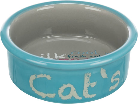 Runde, blau-graue Schale mit der Aufschrift "Cat's" außen und Schriftzug innen am Boden.