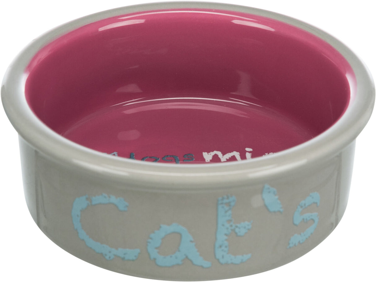Grauer Napf mit pinker Innenfläche und blauer Aufschrift "Cat's" auf der Außenseite.