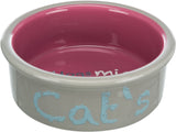 Grauer Napf mit pinker Innenfläche und blauer Aufschrift "Cat's" auf der Außenseite.
