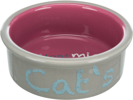 Grauer Napf mit pinker Innenfläche und blauer Aufschrift "Cat's" auf der Außenseite.