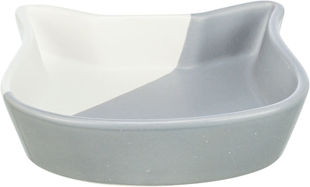 Graue und weiße Schale mit Ohrenform, halbiert durch eine diagonale Farblinie, aus Keramik.