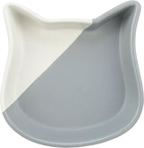 Schüssel in Katzengesichtsform, diagonal zweifarbig in Weiß und Grau gestaltet.