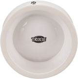 Weiße Schüssel mit schwarzem Schriftzug "TRIXIE" im Inneren und Pfotenabdruck auf dem Rand.