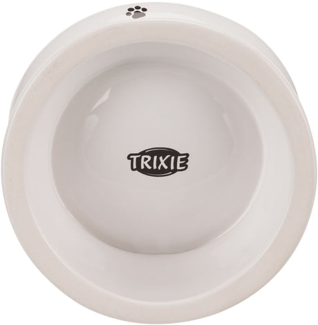 Weiße Schüssel mit schwarzem Schriftzug "TRIXIE" im Inneren und Pfotenabdruck auf dem Rand.