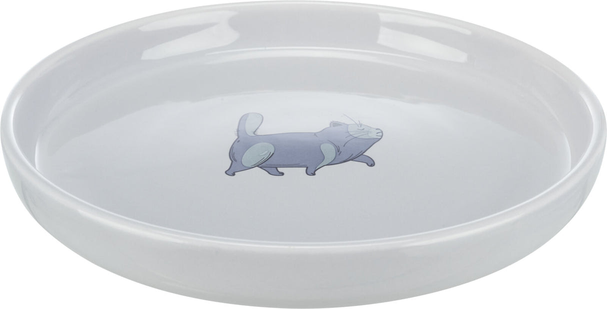 Weiße Keramikschale mit Cartoon-Katzenmotiv in der Mitte.