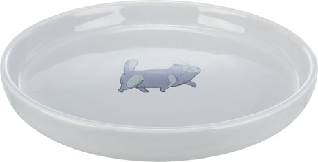 Weiße Keramikschale mit Cartoon-Katzenmotiv in der Mitte.
