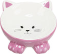 Schüssel in Form eines Katzenkopfes, rosa und weiß, mit Katzengesicht auf der Innenseite.