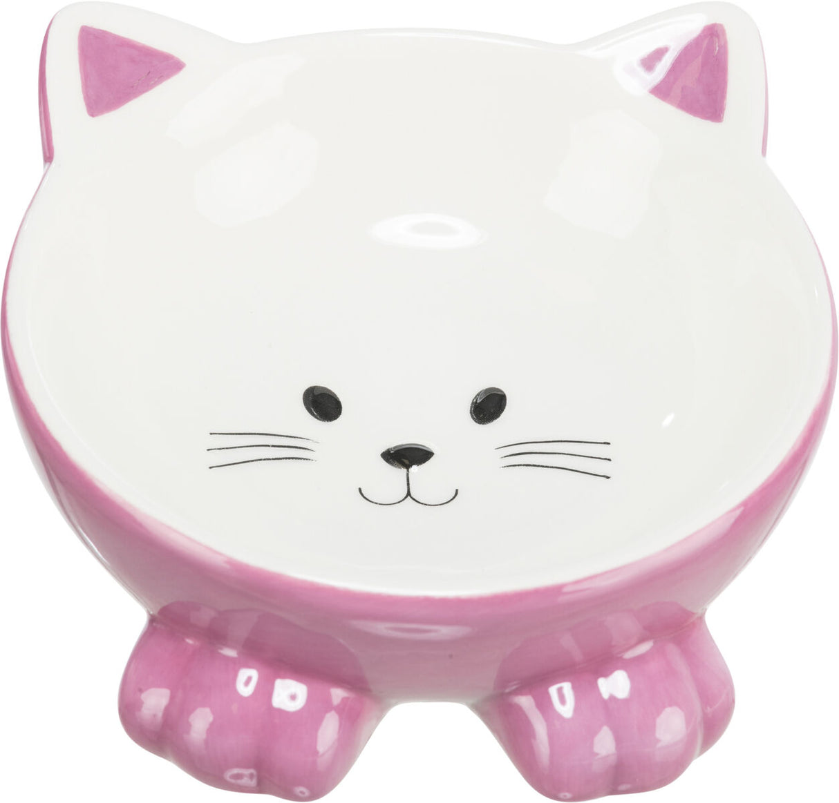 Schüssel in Form eines Katzenkopfes, rosa und weiß, mit Katzengesicht auf der Innenseite.
