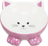 Schüssel in Form eines Katzenkopfes, rosa und weiß, mit Katzengesicht auf der Innenseite.