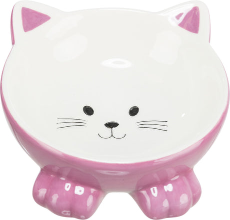Schüssel in Form eines Katzenkopfes, rosa und weiß, mit Katzengesicht auf der Innenseite.