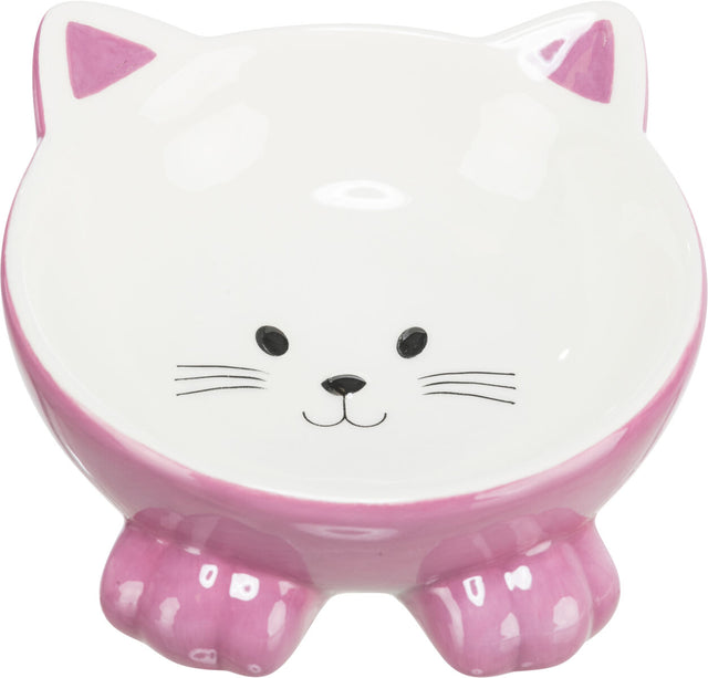 Schüssel in Form eines Katzenkopfes, rosa und weiß, mit Katzengesicht auf der Innenseite.