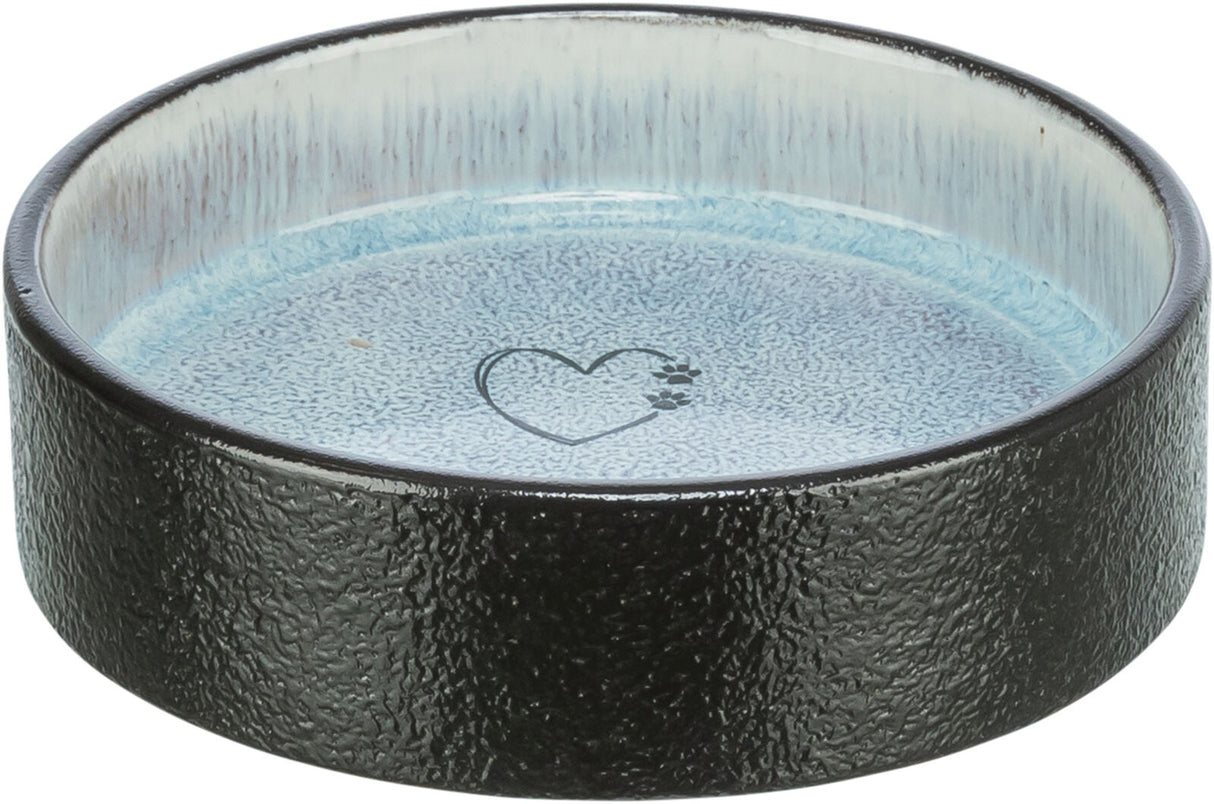 Runde Schale mit schwarzem, texturiertem Rand und blauem Innenbereich, dekoriert mit einem Herzsymbol.