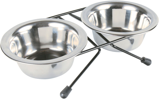 Zwei silberne Edelstahl-Schüsseln sind in einem schwarzen Metallgestell mit Gummifüßen platziert.