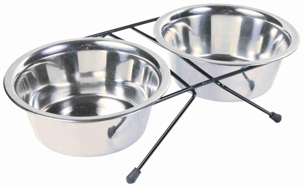 Zwei Edelstahlnäpfe in einem schwarzen, erhobenen Metallgestell, geeignet für Haustiere.