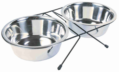 Zwei silberne Metallschüsseln auf einem schwarzen, kreuzförmigen Gestell aus Metall.