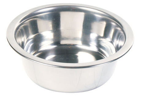 Metallschüssel aus glänzendem Edelstahl mit breitem Rand und runder Form.