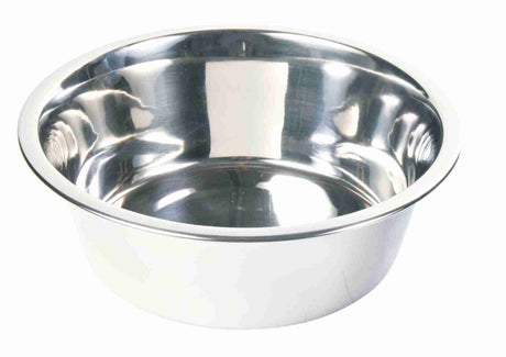 Runde Metallschale aus glänzendem Edelstahl mit glatter Oberfläche und leicht erhabenem Rand.