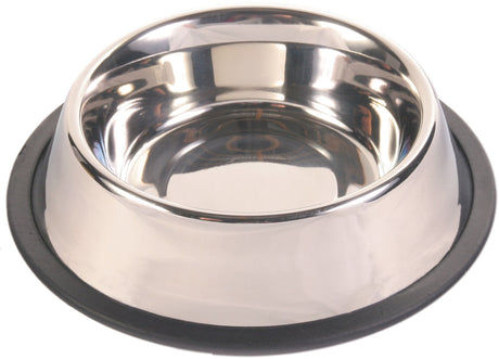 Metallschüssel mit rundem, glänzendem Design und schwarzem, rutschfestem Rand.