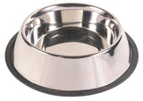 Metallschüssel mit Gummirand, glänzend und rund, geeignet als Futternapf oder Wassernapf.