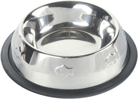 Silberner Metallschüssel mit Rutschschutz und geprägten Fischmotiven auf dem Rand.
