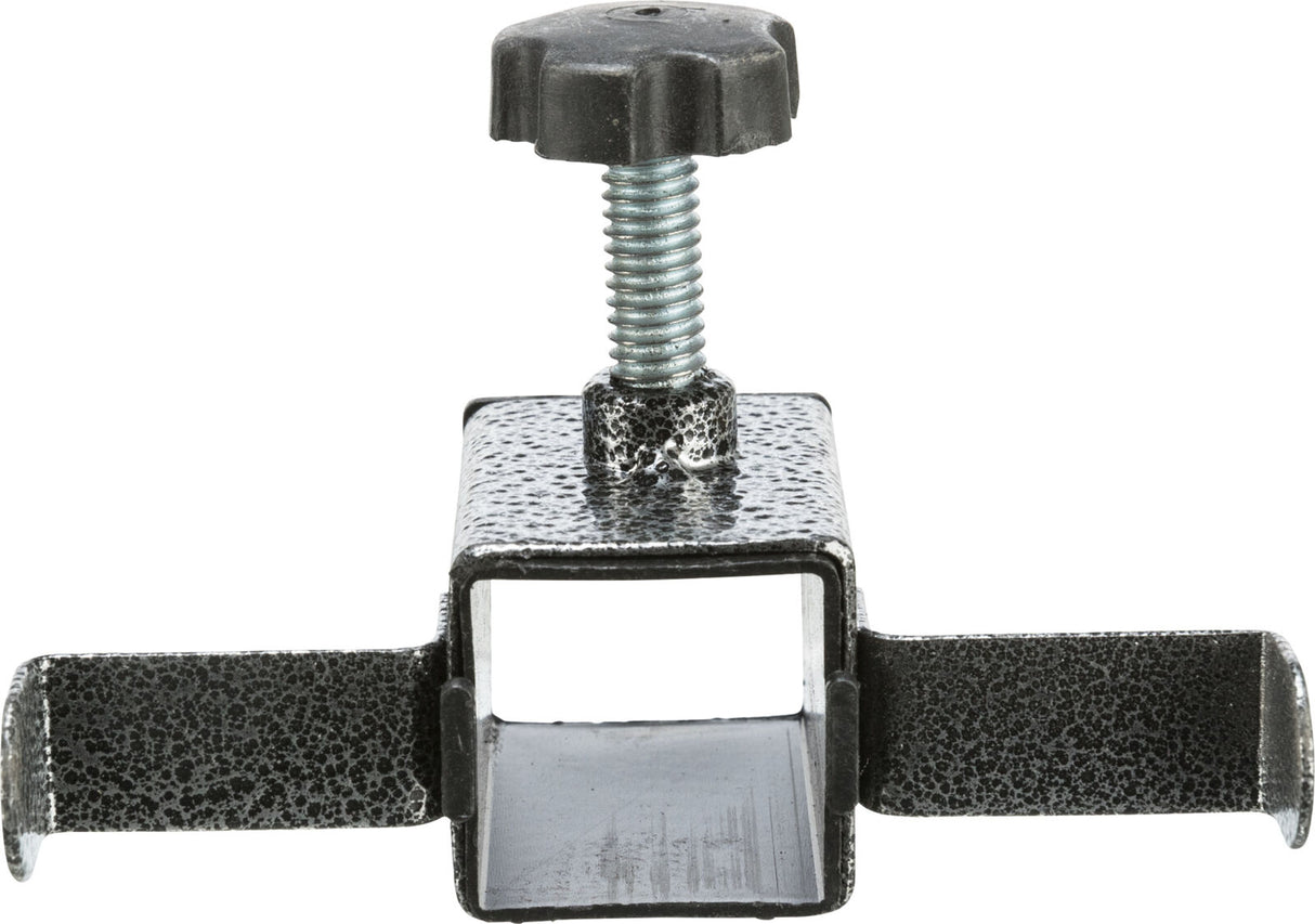 Metallklemme mit schwarzem Griff, silbernem Gewinde und geöffneter rechteckiger Basis, seitliche Halterungen.