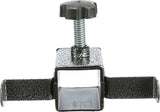 Metallklemme mit schwarzem Griff, silbernem Gewinde und geöffneter rechteckiger Basis, seitliche Halterungen.