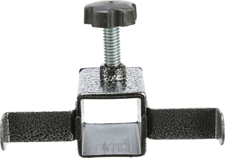 Metallklemme mit schwarzem Griff, silbernem Gewinde und geöffneter rechteckiger Basis, seitliche Halterungen.