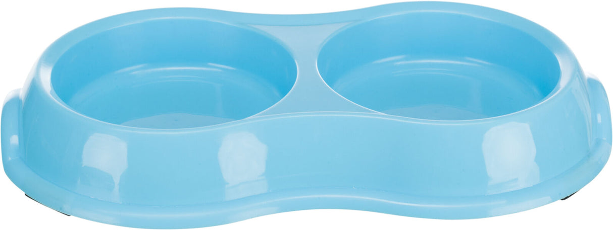 Hellblaue Plastikschüssel mit zwei runden Vertiefungen.