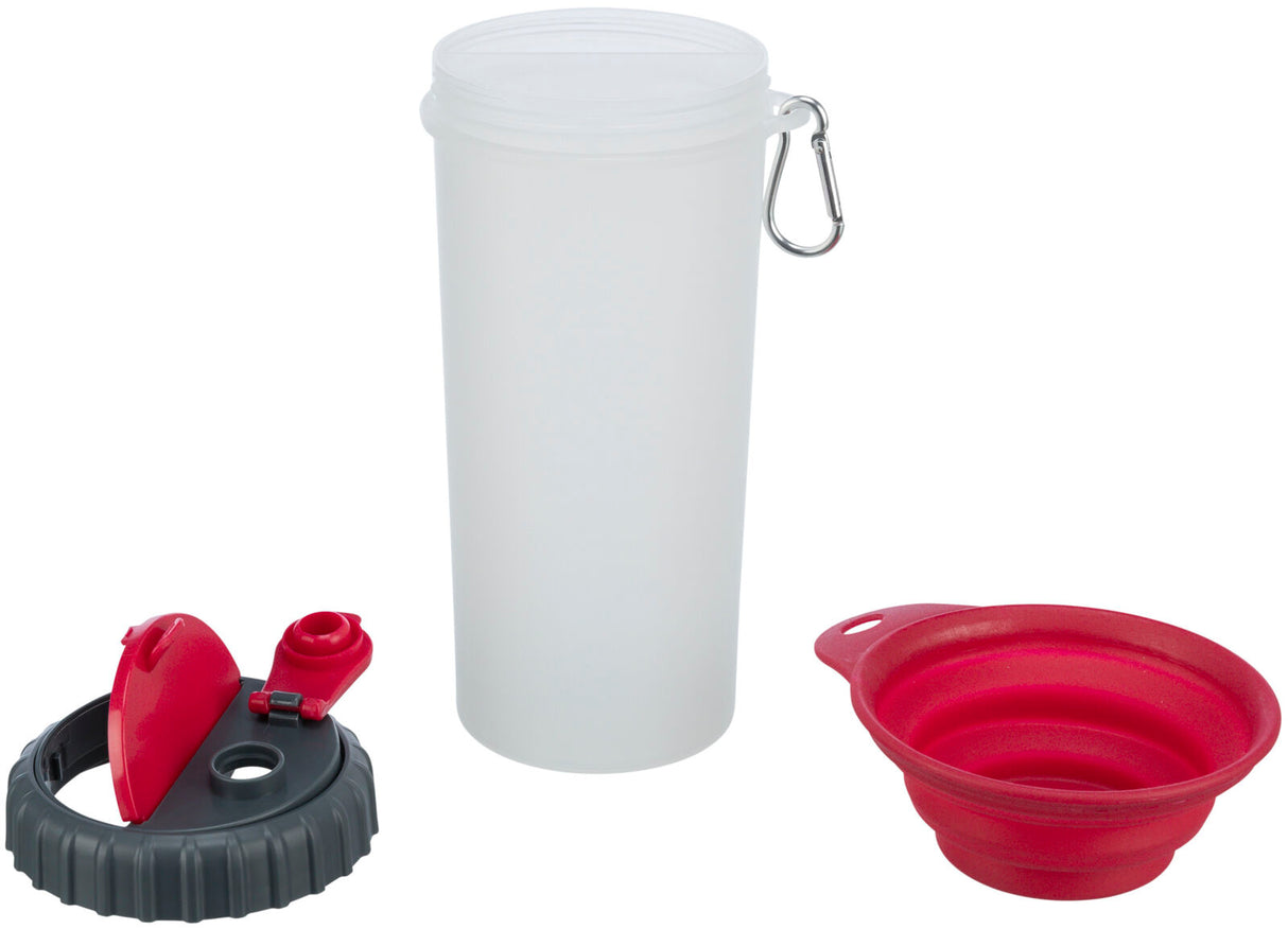 Transparente Trinkflasche mit Karabinerhaken, schwarzem Verschluss und rotem, faltbarem Napf.