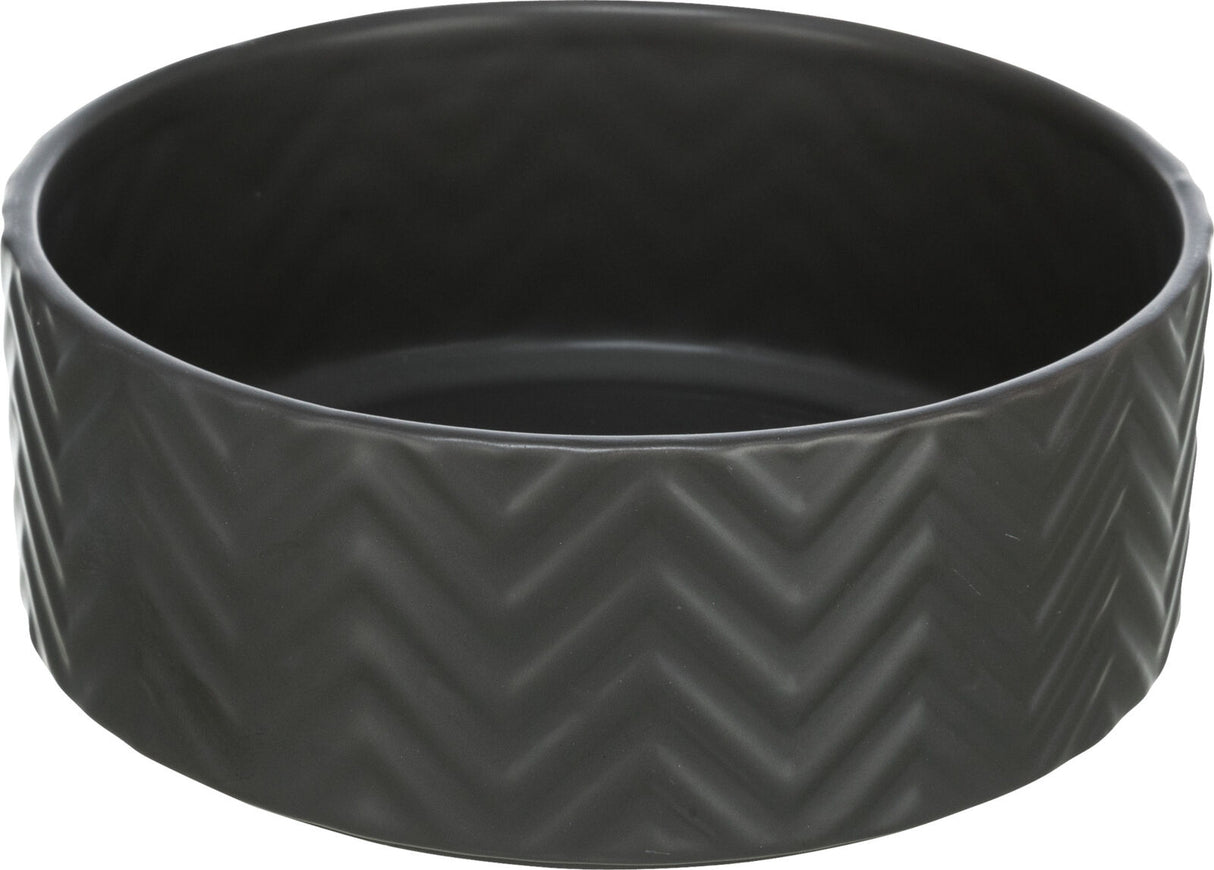 Runde, schwarze Schale mit Zickzack-Muster auf der Außenseite.
