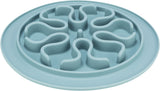 Runde türkise Silikonmatte mit erhöhten, geschwungenen Barrieren in einem spiralförmigen Design.