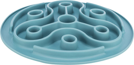 Rundes, blaues Labyrinth-Design mit erhöhten Kanten und Wänden, flach auf einer Oberfläche liegend.