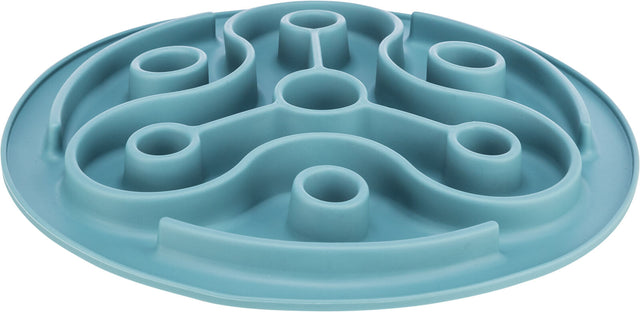 Rundes, blaues Labyrinth-Design mit erhöhten Kanten und Wänden, flach auf einer Oberfläche liegend.