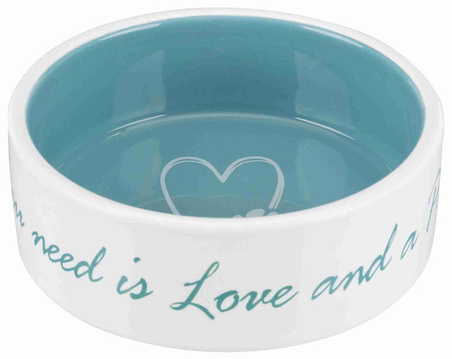 Weiße Keramikschüssel mit blauem Inneren und der Aufschrift "All you need is Love and a".