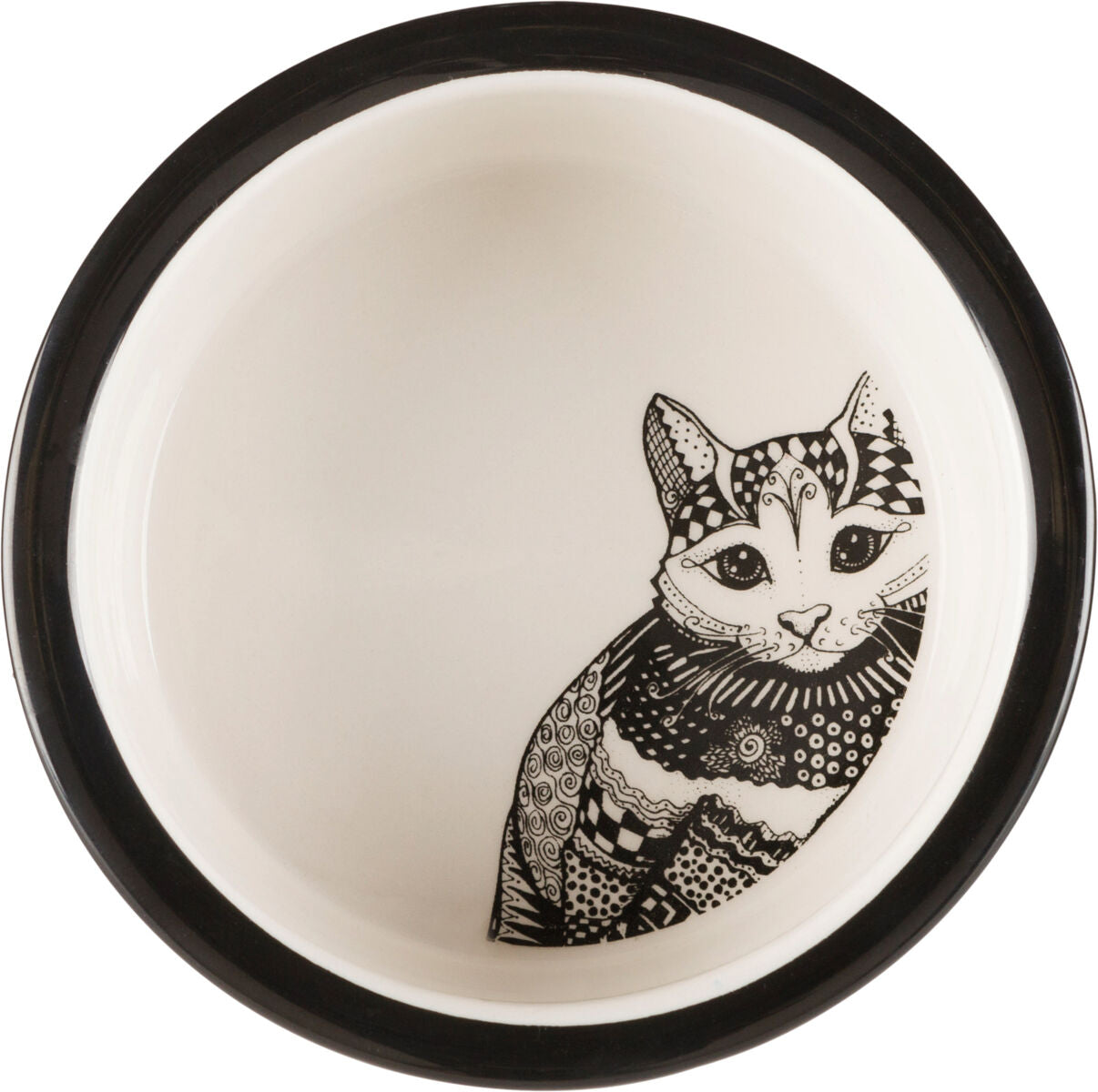 Weiße Schüssel mit schwarzem Rand und stilisiertem Katzendesign im Inneren.