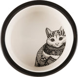 Weiße Schüssel mit schwarzem Rand und stilisiertem Katzendesign im Inneren.