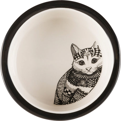 Weiße Schüssel mit schwarzem Rand und stilisiertem Katzendesign im Inneren.