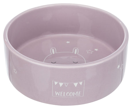 Lila Schüssel mit "WELCOME"-Schriftzug, Tiermotiv und Sternmustern auf dem Boden und an der Seite.