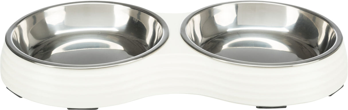 Doppelnapf aus Metall in weißem Gestell, zwei runde Edelstahl-Schalen nebeneinander, matte Oberfläche.