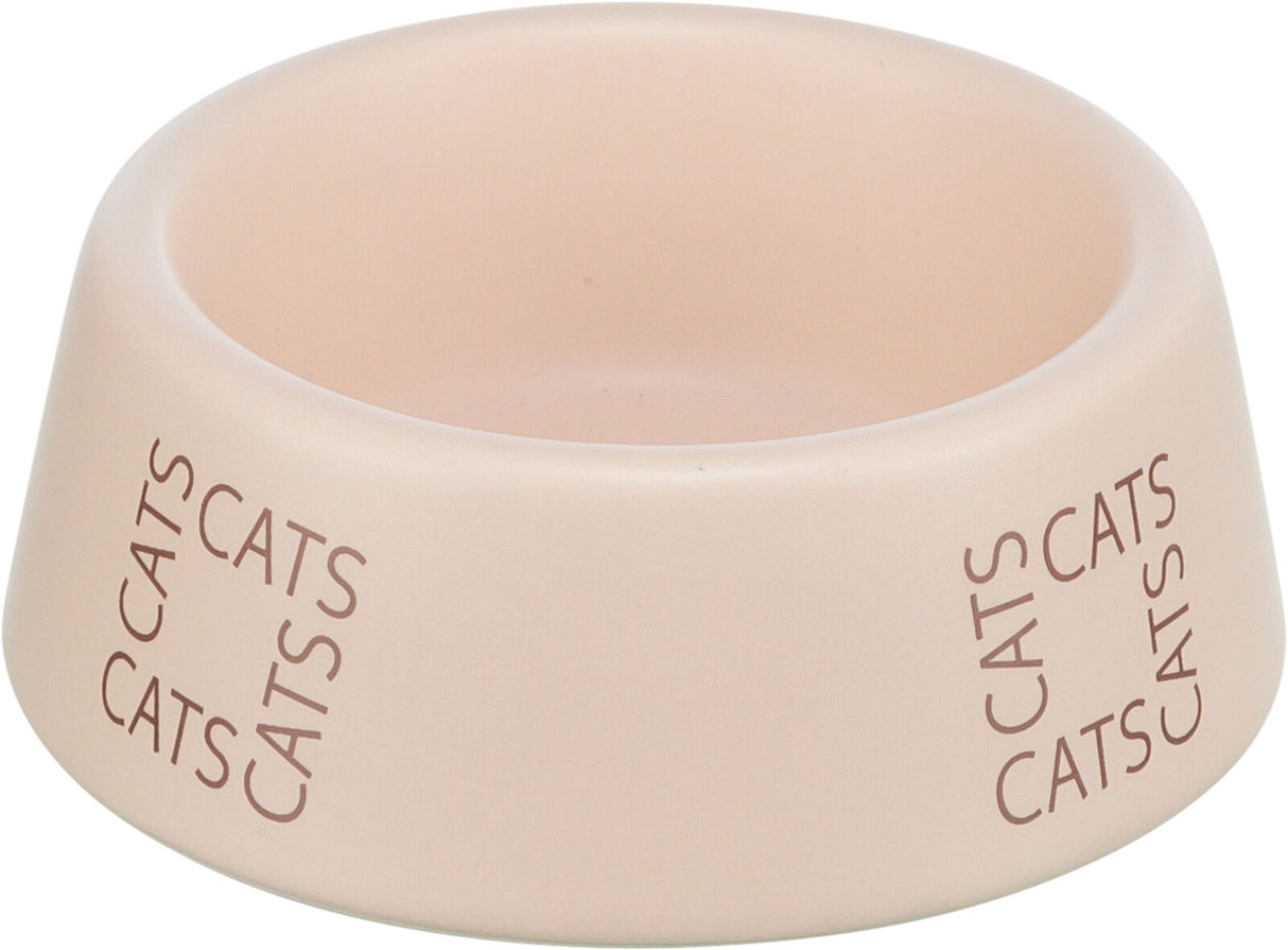Beige Futternapf mit der Aufschrift "CATS" mehrfach in brauner Schrift an der Seite.